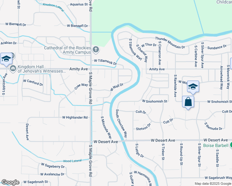 map of restaurants, bars, coffee shops, grocery stores, and more near 8765 West Wall Drive in Boise