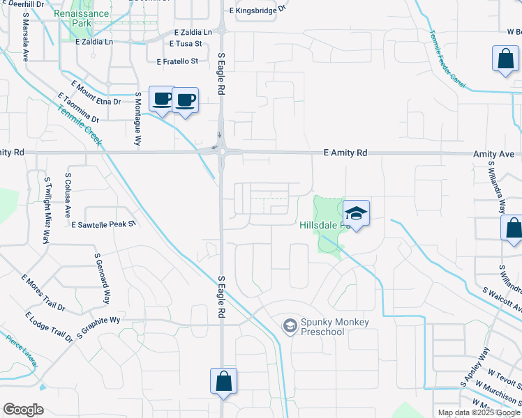 map of restaurants, bars, coffee shops, grocery stores, and more near 3376 East Rockhampton Street in Meridian