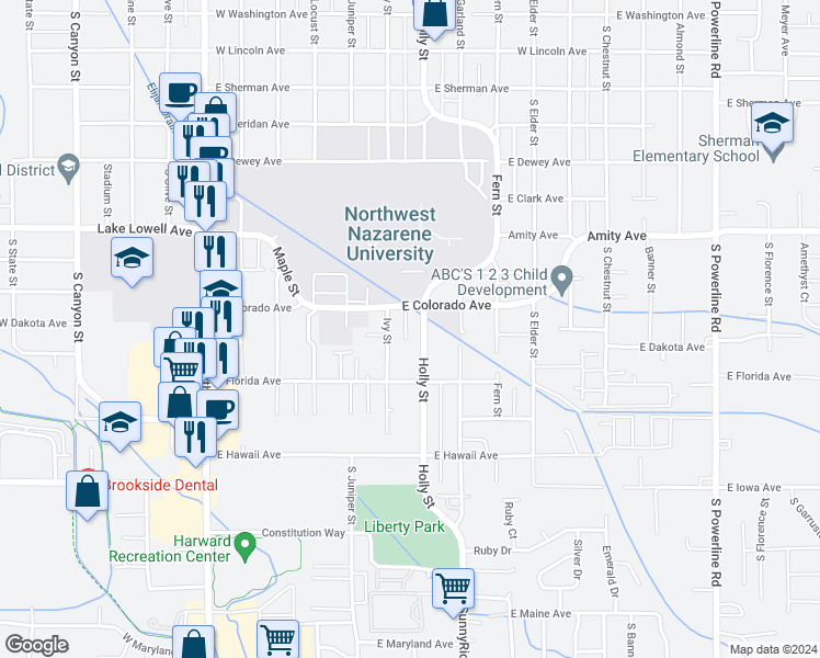 map of restaurants, bars, coffee shops, grocery stores, and more near 1011 Holly Street in Nampa
