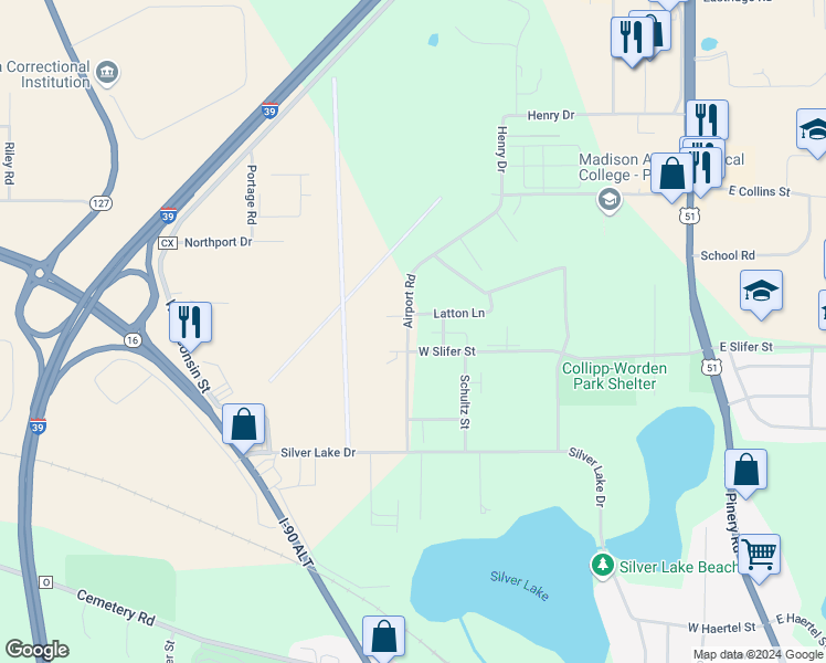 map of restaurants, bars, coffee shops, grocery stores, and more near 701 West Slifer Street in Portage