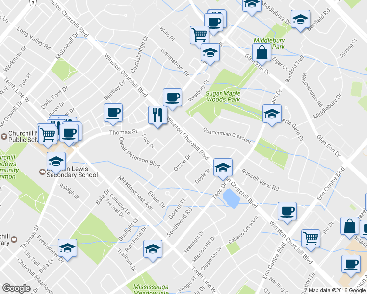 map of restaurants, bars, coffee shops, grocery stores, and more near 3302 Stoney Crescent in Mississauga