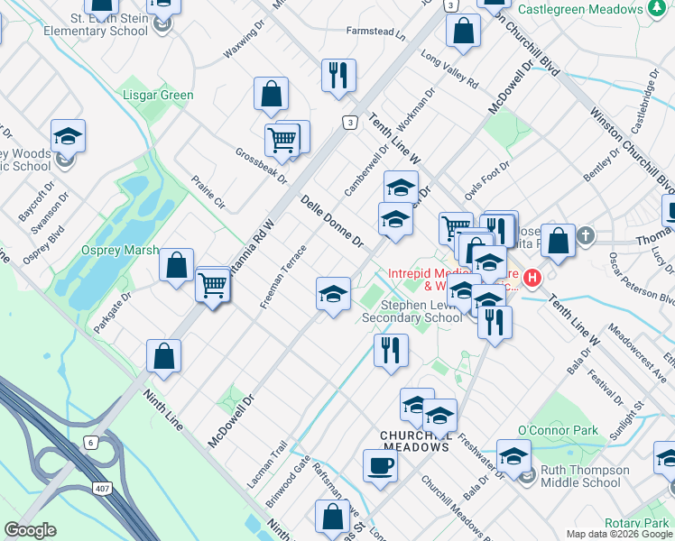 map of restaurants, bars, coffee shops, grocery stores, and more near 3512 Positano Place in Mississauga