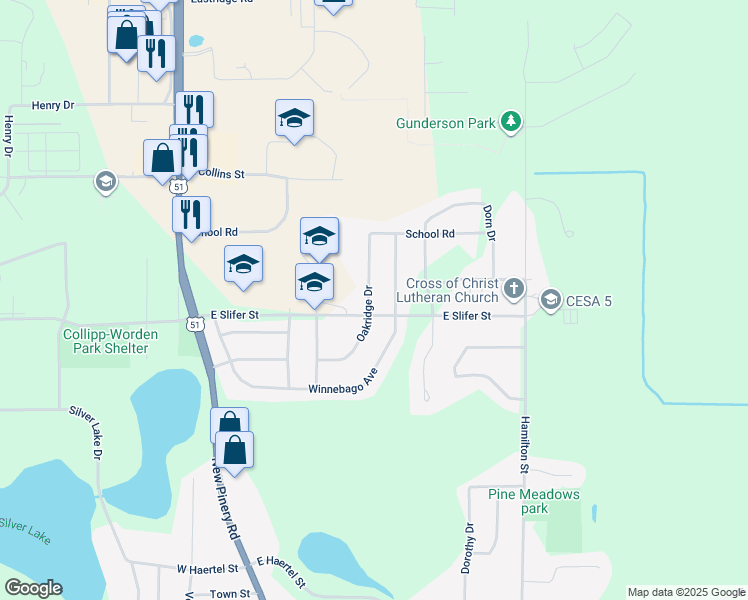 map of restaurants, bars, coffee shops, grocery stores, and more near 510 Oakridge Drive in Portage