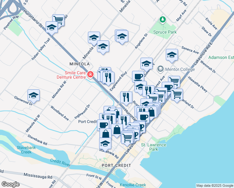 map of restaurants, bars, coffee shops, grocery stores, and more near 19 Troy Street in Mississauga