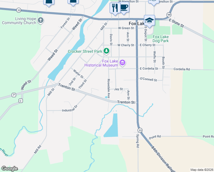 map of restaurants, bars, coffee shops, grocery stores, and more near 305 Rosedale Avenue in Fox Lake