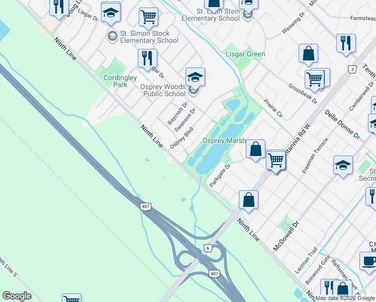 map of restaurants, bars, coffee shops, grocery stores, and more near 3970 Pondview Way in Mississauga
