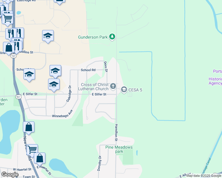 map of restaurants, bars, coffee shops, grocery stores, and more near 585 East Slifer Street in Portage
