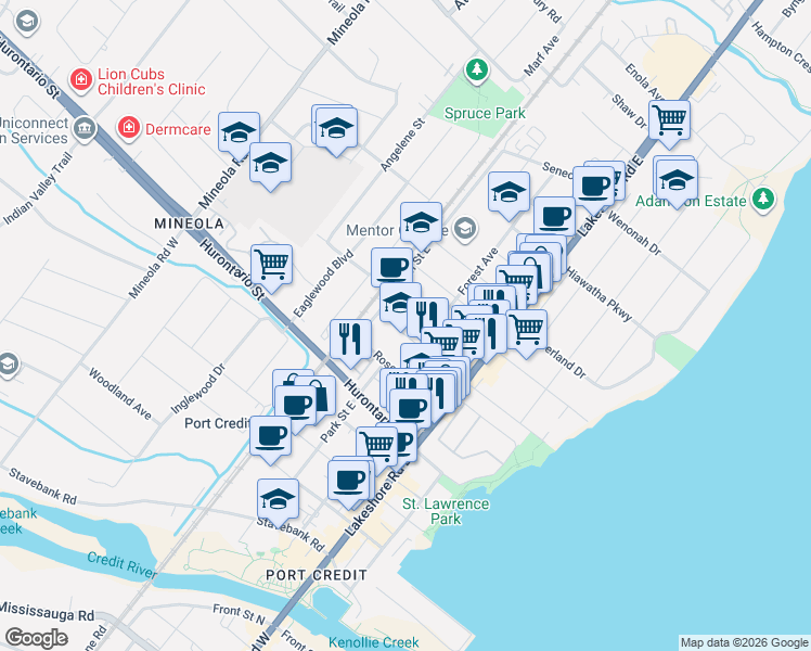 map of restaurants, bars, coffee shops, grocery stores, and more near 43 Elmwood Avenue North in Mississauga