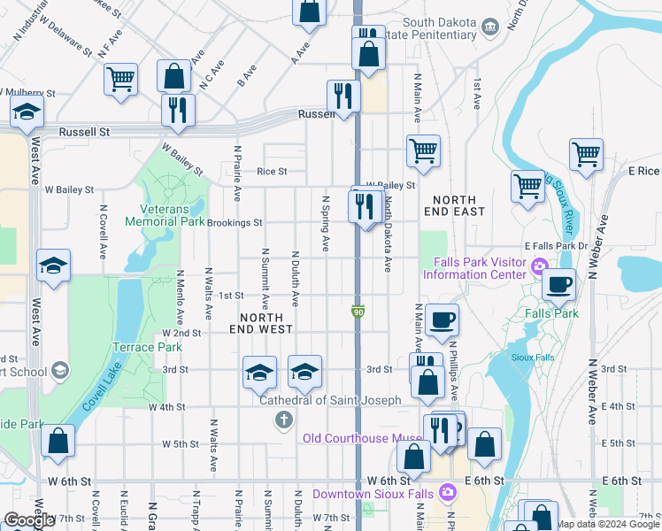map of restaurants, bars, coffee shops, grocery stores, and more near 919 North Minnesota Avenue in Sioux Falls