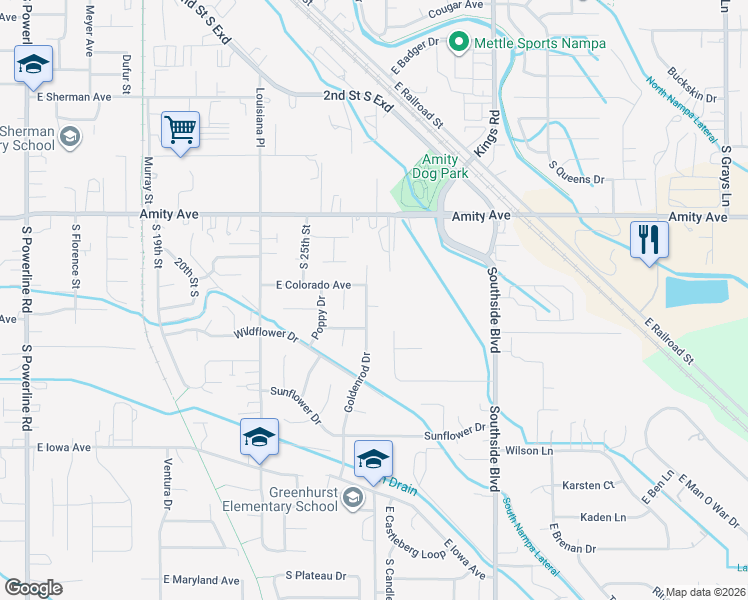 map of restaurants, bars, coffee shops, grocery stores, and more near 1028 Goldenrod Drive in Nampa