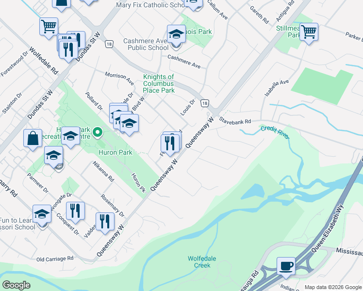 map of restaurants, bars, coffee shops, grocery stores, and more near 725 Queensway West in Mississauga