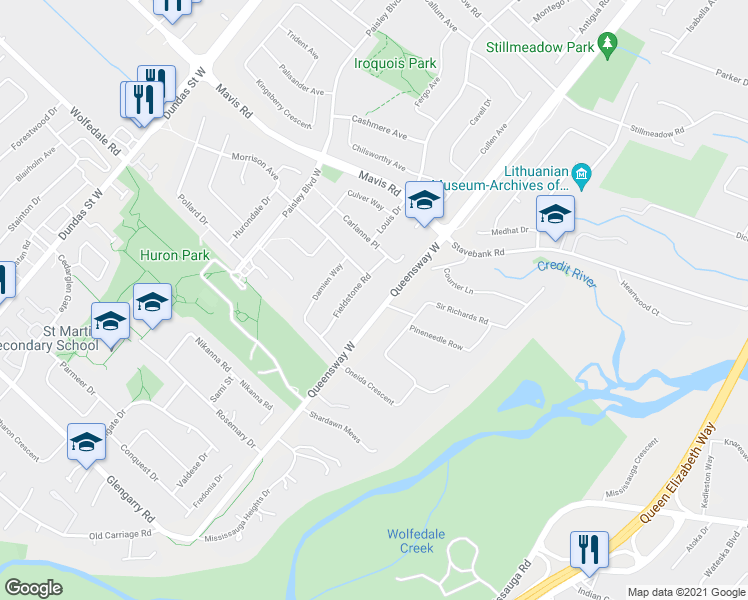 map of restaurants, bars, coffee shops, grocery stores, and more near 725 Queensway West in Mississauga