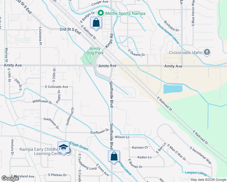 map of restaurants, bars, coffee shops, grocery stores, and more near 1100 Southside Boulevard in Nampa
