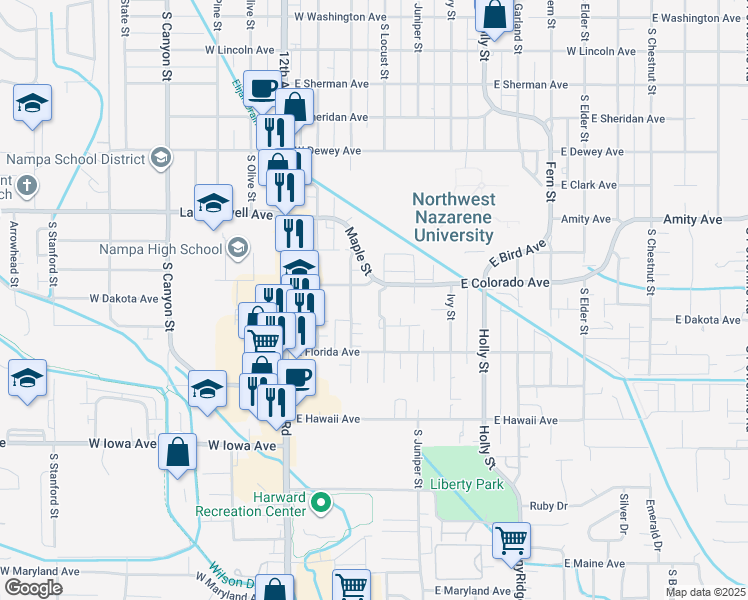 map of restaurants, bars, coffee shops, grocery stores, and more near 1016 Maple Street in Nampa