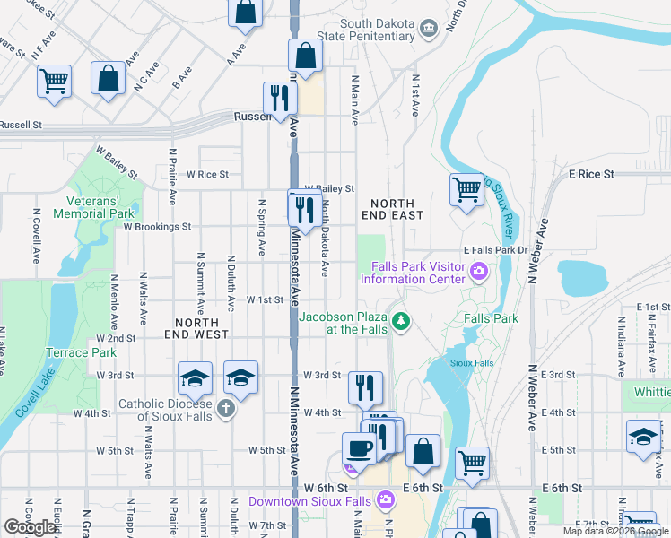 map of restaurants, bars, coffee shops, grocery stores, and more near 919 North Main Avenue in Sioux Falls