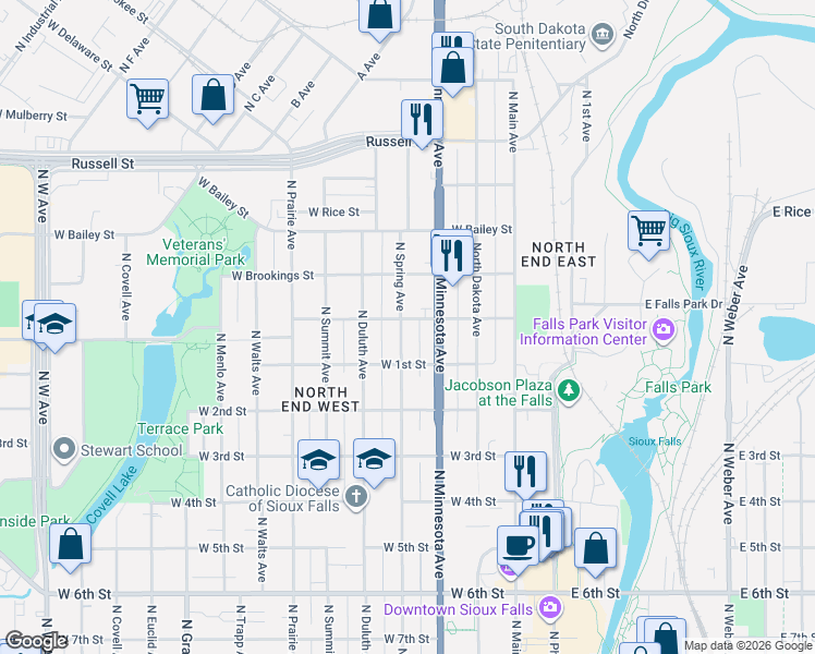 map of restaurants, bars, coffee shops, grocery stores, and more near 919 North Minnesota Avenue in Sioux Falls