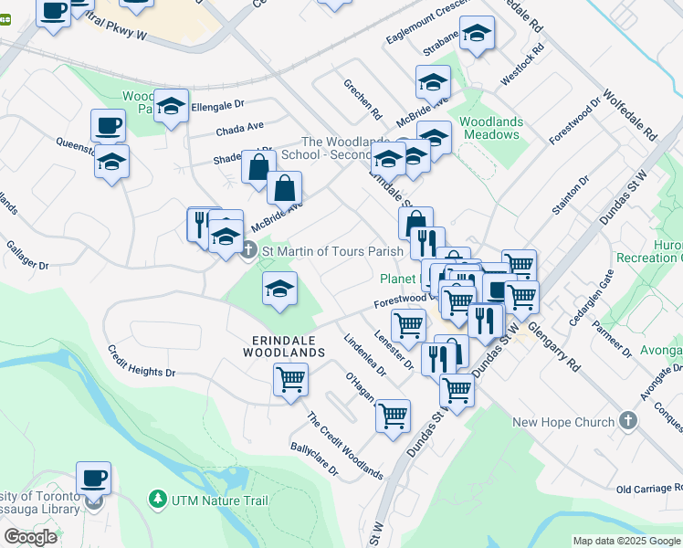 map of restaurants, bars, coffee shops, grocery stores, and more near 1204 Fairdale Drive in Mississauga