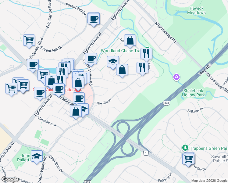 map of restaurants, bars, coffee shops, grocery stores, and more near 2093 The Chase in Mississauga