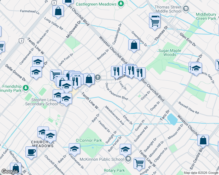 map of restaurants, bars, coffee shops, grocery stores, and more near 5625 Oscar Peterson Boulevard in Mississauga