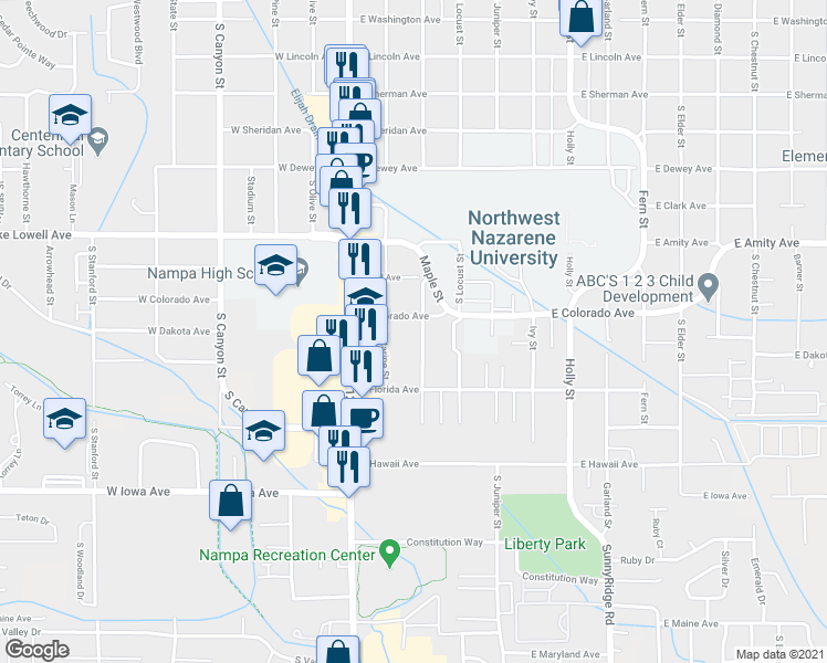 map of restaurants, bars, coffee shops, grocery stores, and more near 1011 Maple Street in Nampa
