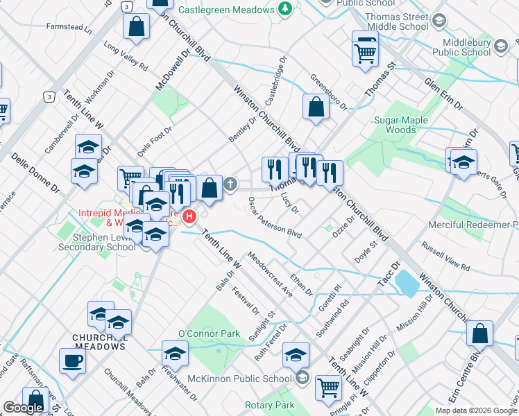 map of restaurants, bars, coffee shops, grocery stores, and more near 5625 Oscar Peterson Boulevard in Mississauga