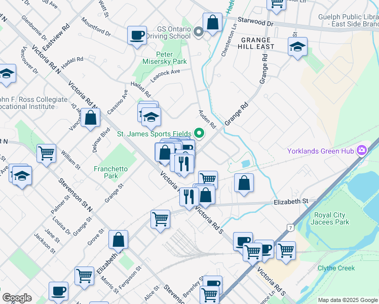map of restaurants, bars, coffee shops, grocery stores, and more near 270 Grange Road in Guelph