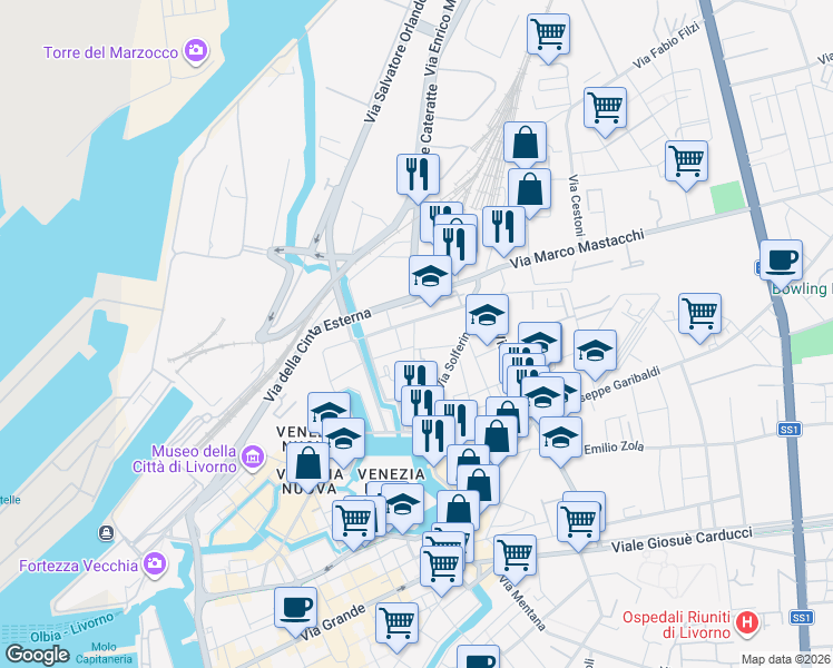 map of restaurants, bars, coffee shops, grocery stores, and more near 22 Via Eugenia in Livorno