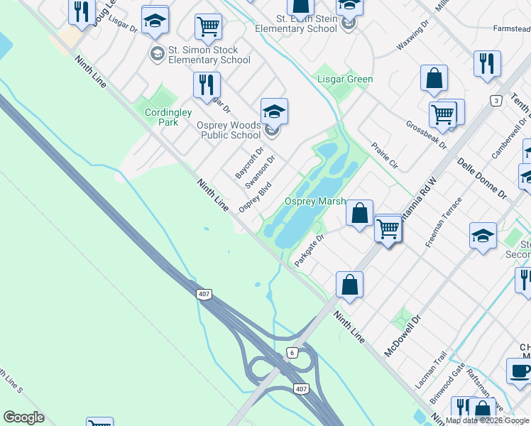 map of restaurants, bars, coffee shops, grocery stores, and more near 3970 Pondview Way in Mississauga