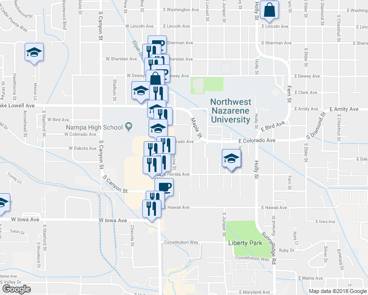 map of restaurants, bars, coffee shops, grocery stores, and more near 1028 Nectarine Street in Nampa