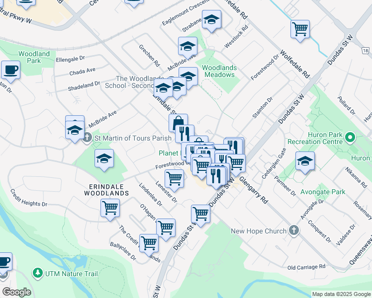 map of restaurants, bars, coffee shops, grocery stores, and more near 1125 Forestwood Drive in Mississauga