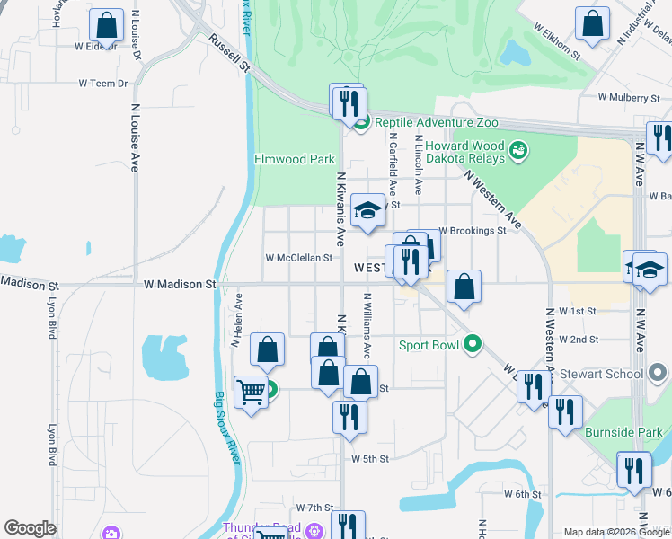 map of restaurants, bars, coffee shops, grocery stores, and more near 2608 West Madison Street in Sioux Falls