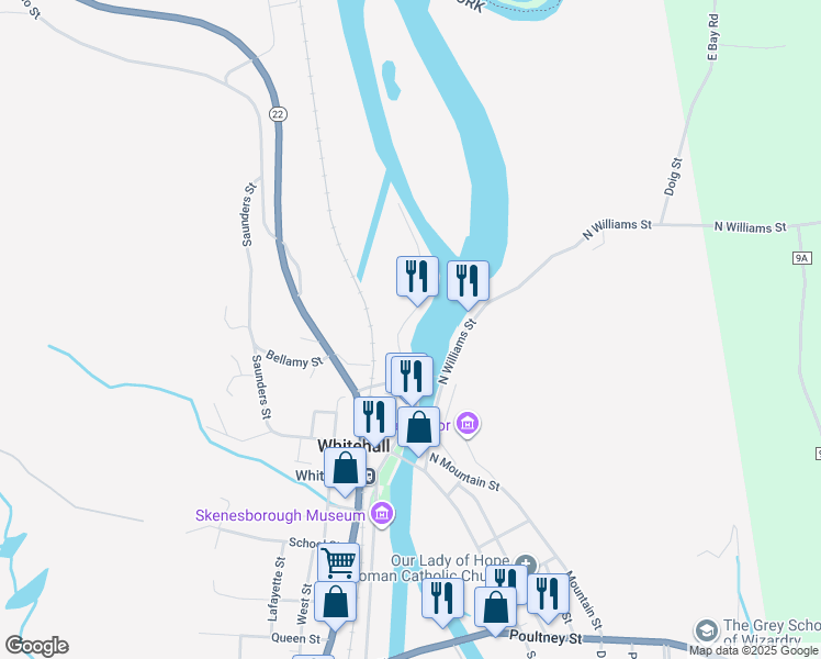 map of restaurants, bars, coffee shops, grocery stores, and more near 7 Main Street in Whitehall