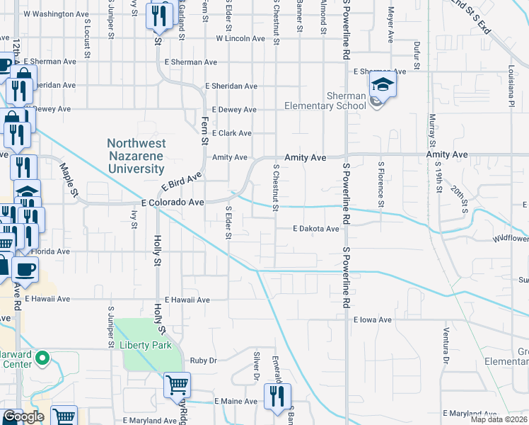 map of restaurants, bars, coffee shops, grocery stores, and more near 1114 East Connecticut Avenue in Nampa