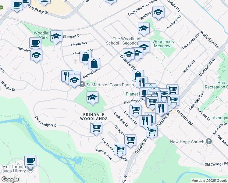 map of restaurants, bars, coffee shops, grocery stores, and more near 1198 Fairdale Drive in Mississauga