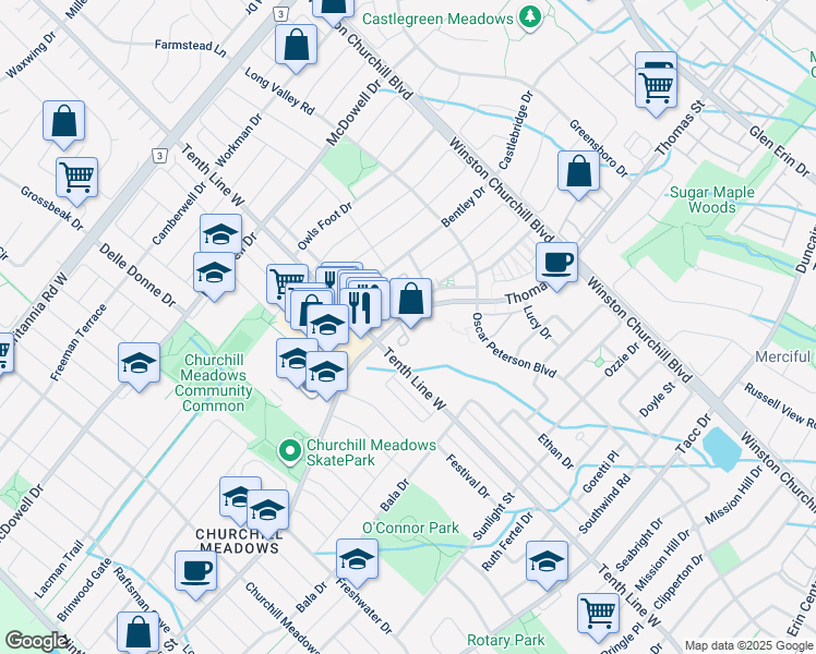 map of restaurants, bars, coffee shops, grocery stores, and more near 3334 Thomas Street in Mississauga