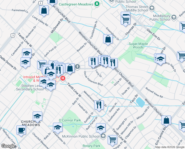 map of restaurants, bars, coffee shops, grocery stores, and more near 5605 Oscar Peterson Boulevard in Mississauga