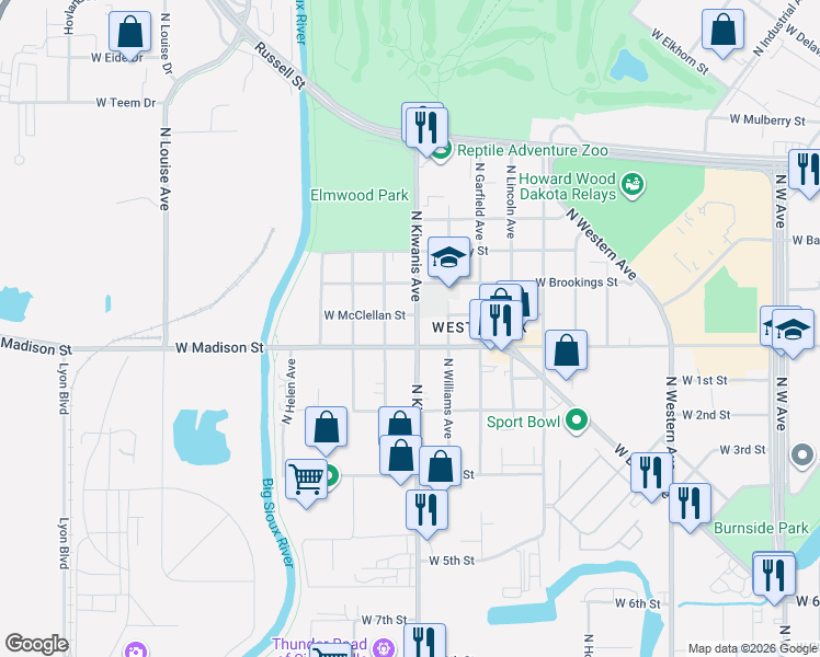 map of restaurants, bars, coffee shops, grocery stores, and more near 2608 West Madison Street in Sioux Falls