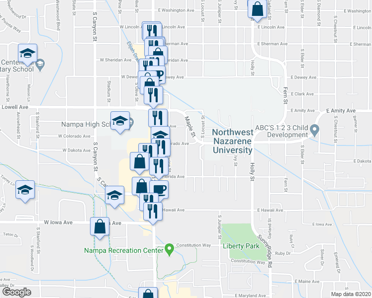 map of restaurants, bars, coffee shops, grocery stores, and more near 1006 Maple Street in Nampa