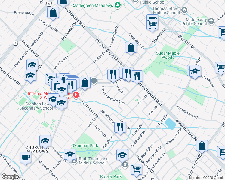 map of restaurants, bars, coffee shops, grocery stores, and more near 5605 Oscar Peterson Boulevard in Mississauga