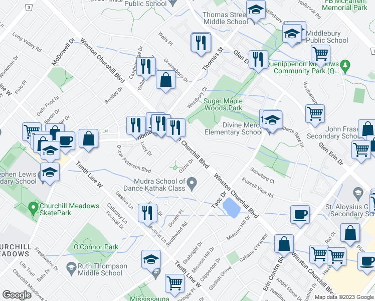 map of restaurants, bars, coffee shops, grocery stores, and more near 3320 Stoney Crescent in Mississauga