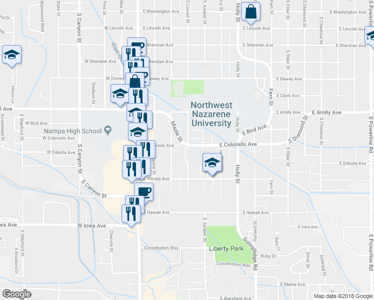 map of restaurants, bars, coffee shops, grocery stores, and more near 509 East Colorado Avenue in Nampa