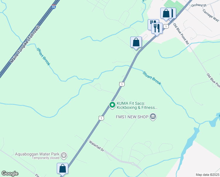 map of restaurants, bars, coffee shops, grocery stores, and more near 1030 Portland Road in Saco