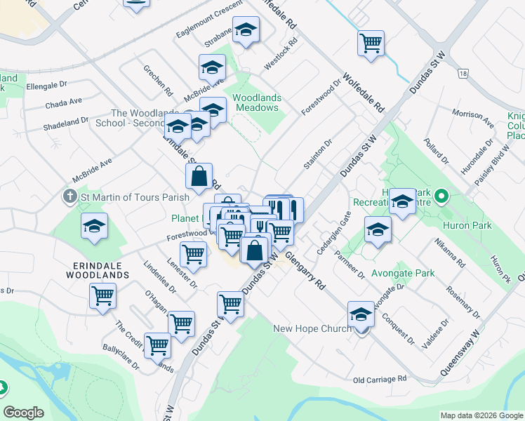 map of restaurants, bars, coffee shops, grocery stores, and more near in Mississauga