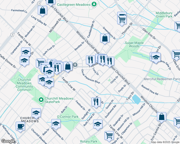 map of restaurants, bars, coffee shops, grocery stores, and more near in Mississauga