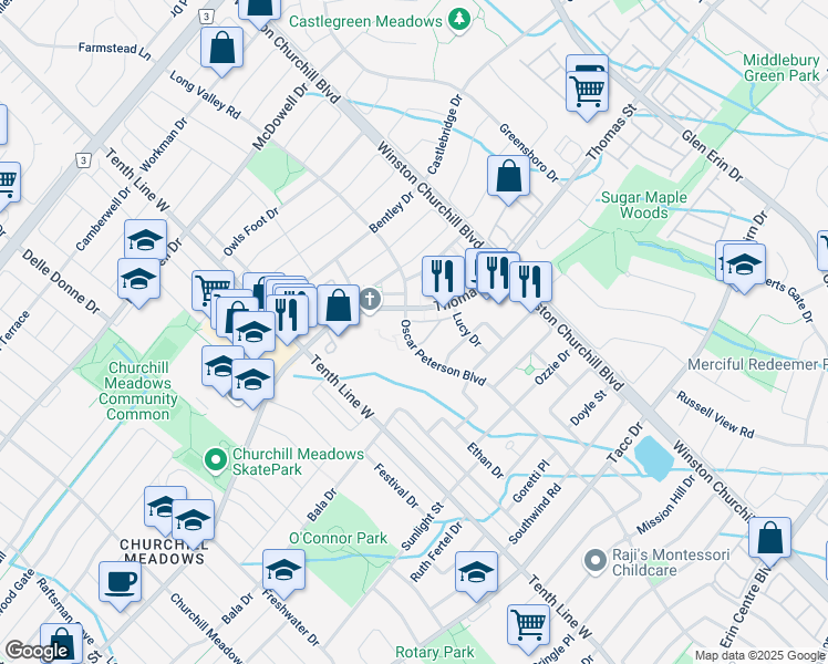 map of restaurants, bars, coffee shops, grocery stores, and more near 5585 Oscar Peterson Boulevard in Mississauga