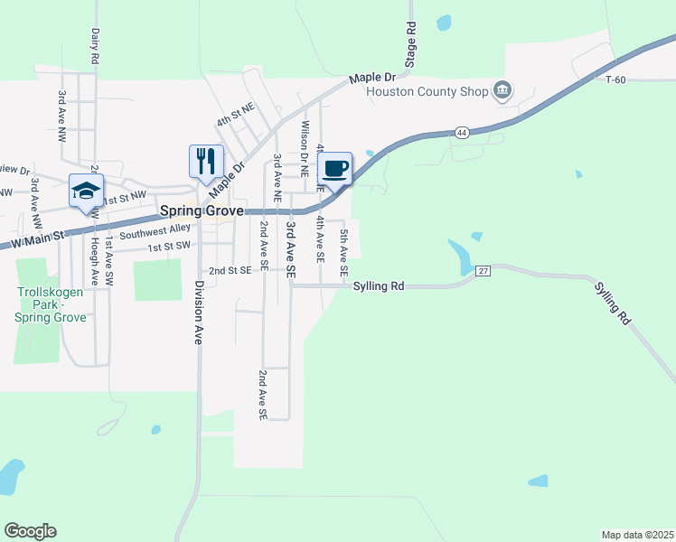 map of restaurants, bars, coffee shops, grocery stores, and more near 150 5th Avenue Southeast in Spring Grove