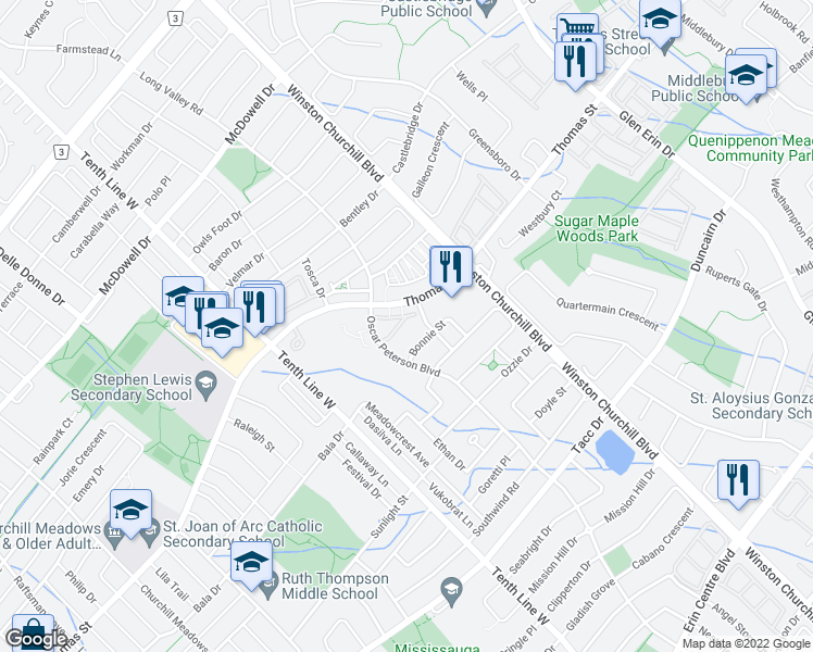 map of restaurants, bars, coffee shops, grocery stores, and more near 5605 Oscar Peterson Boulevard in Mississauga