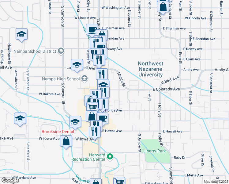map of restaurants, bars, coffee shops, grocery stores, and more near 215 East Colorado Avenue in Nampa