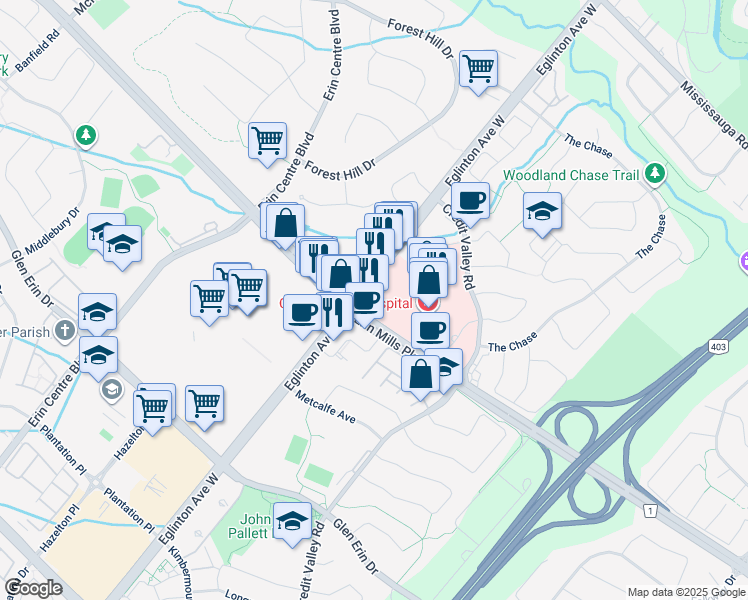 map of restaurants, bars, coffee shops, grocery stores, and more near 2300 Erin Mills Parkway in Mississauga