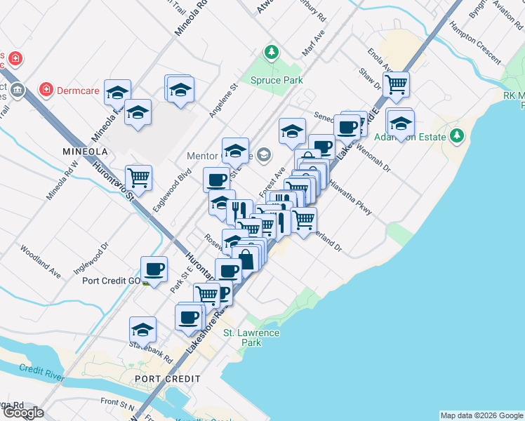 map of restaurants, bars, coffee shops, grocery stores, and more near 24 Oakwood Avenue North in Mississauga